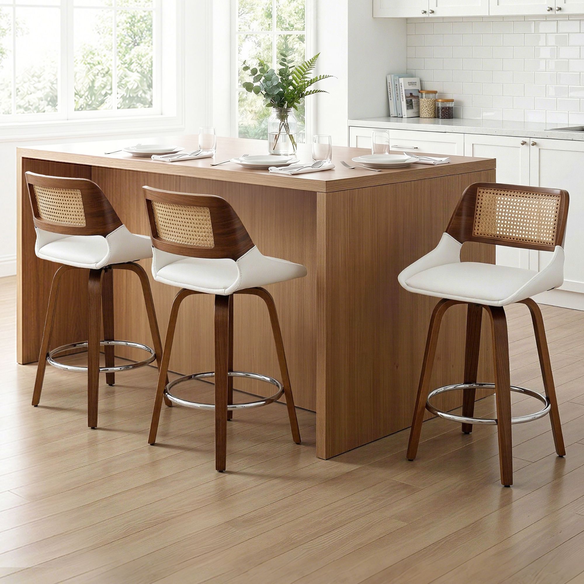 Set of 3 Wooden Swivel Bar Stools 60cm Seat Height - White and Rattan