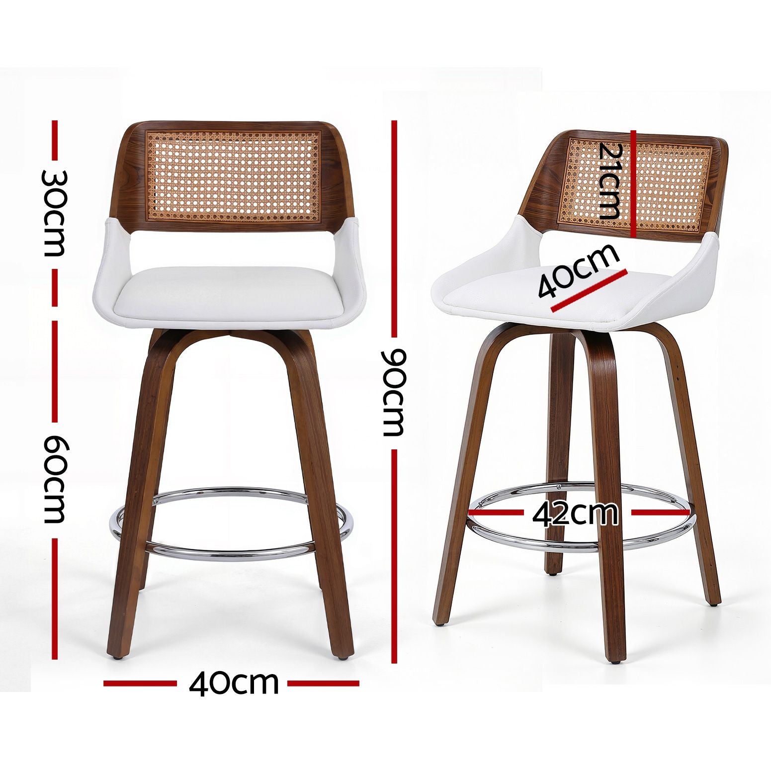 Set of 3 Wooden Swivel Bar Stools 60cm Seat Height - White and Rattan