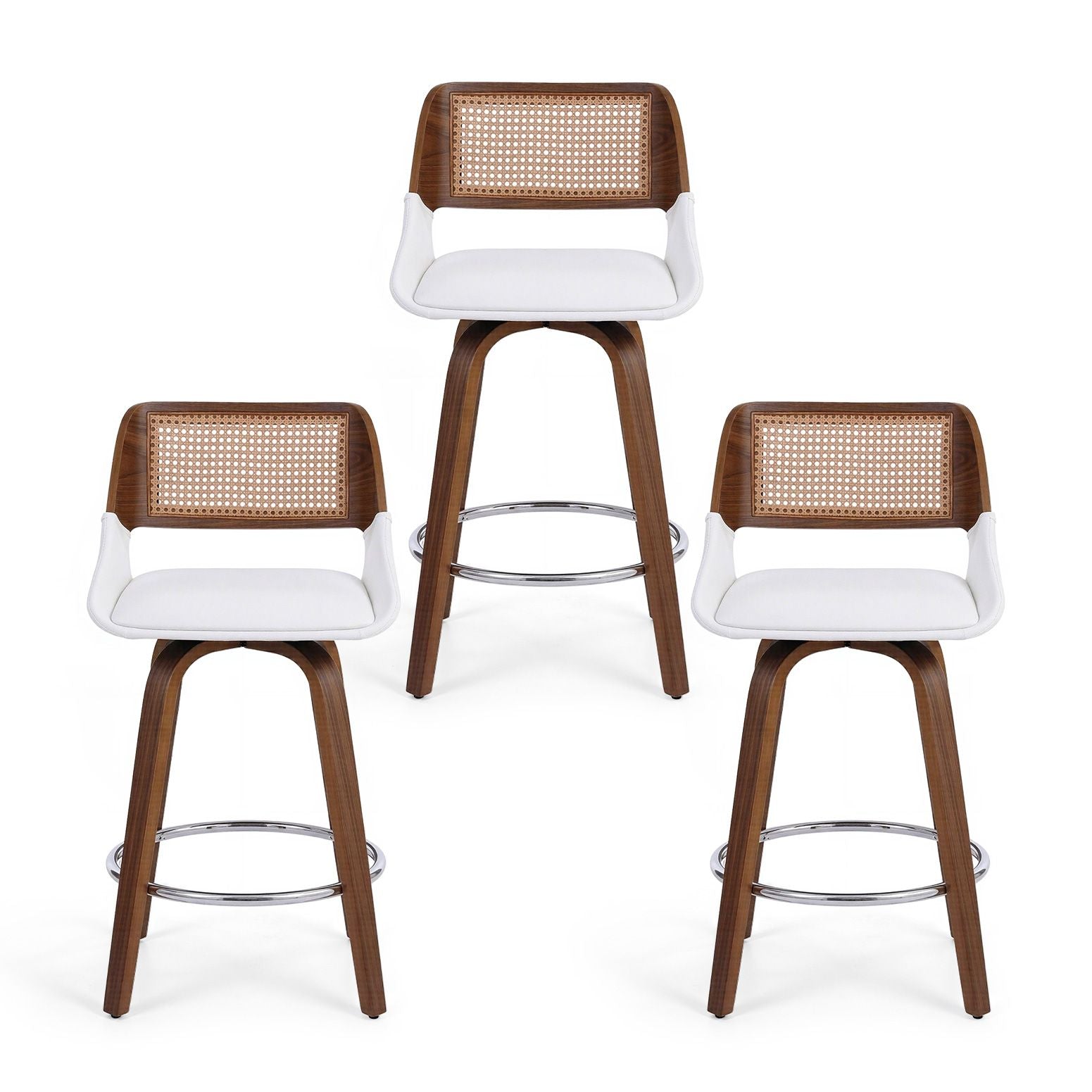 Set of 3 Wooden Swivel Bar Stools 60cm Seat Height - White and Rattan