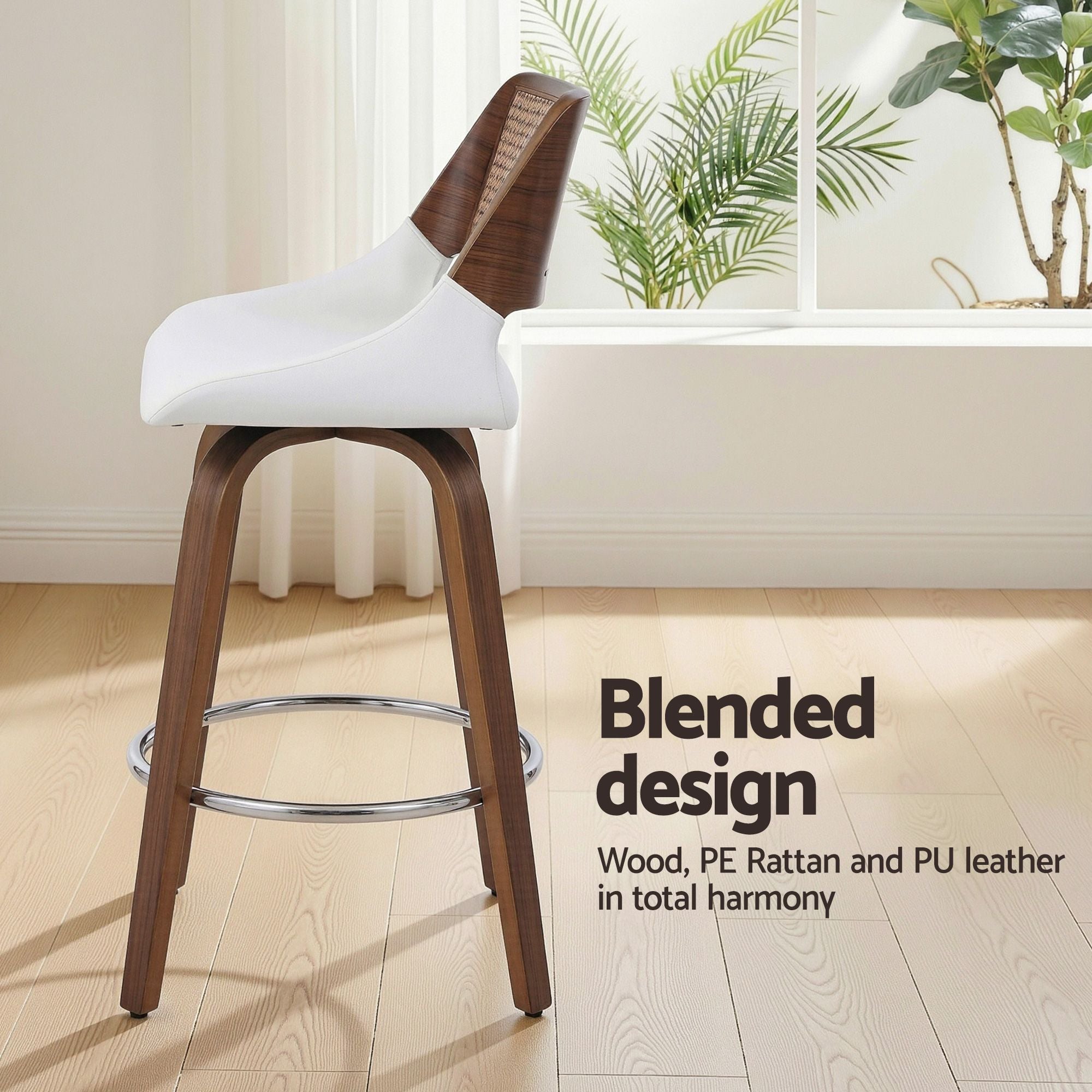 Set of 3 Wooden Swivel Bar Stools 60cm Seat Height - White and Rattan