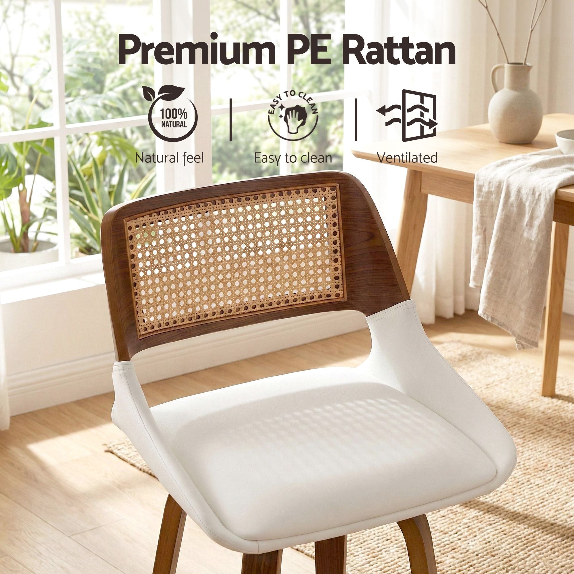 Set of 3 Wooden Swivel Bar Stools 60cm Seat Height - White and Rattan