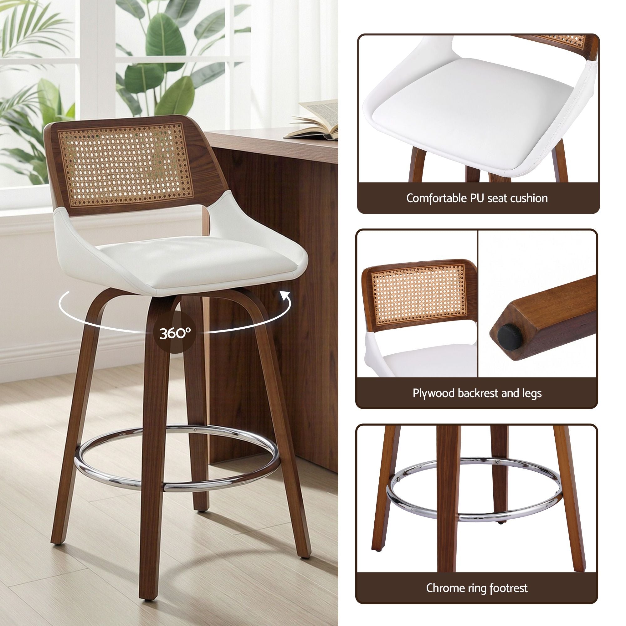 Set of 3 Wooden Swivel Bar Stools 60cm Seat Height - White and Rattan