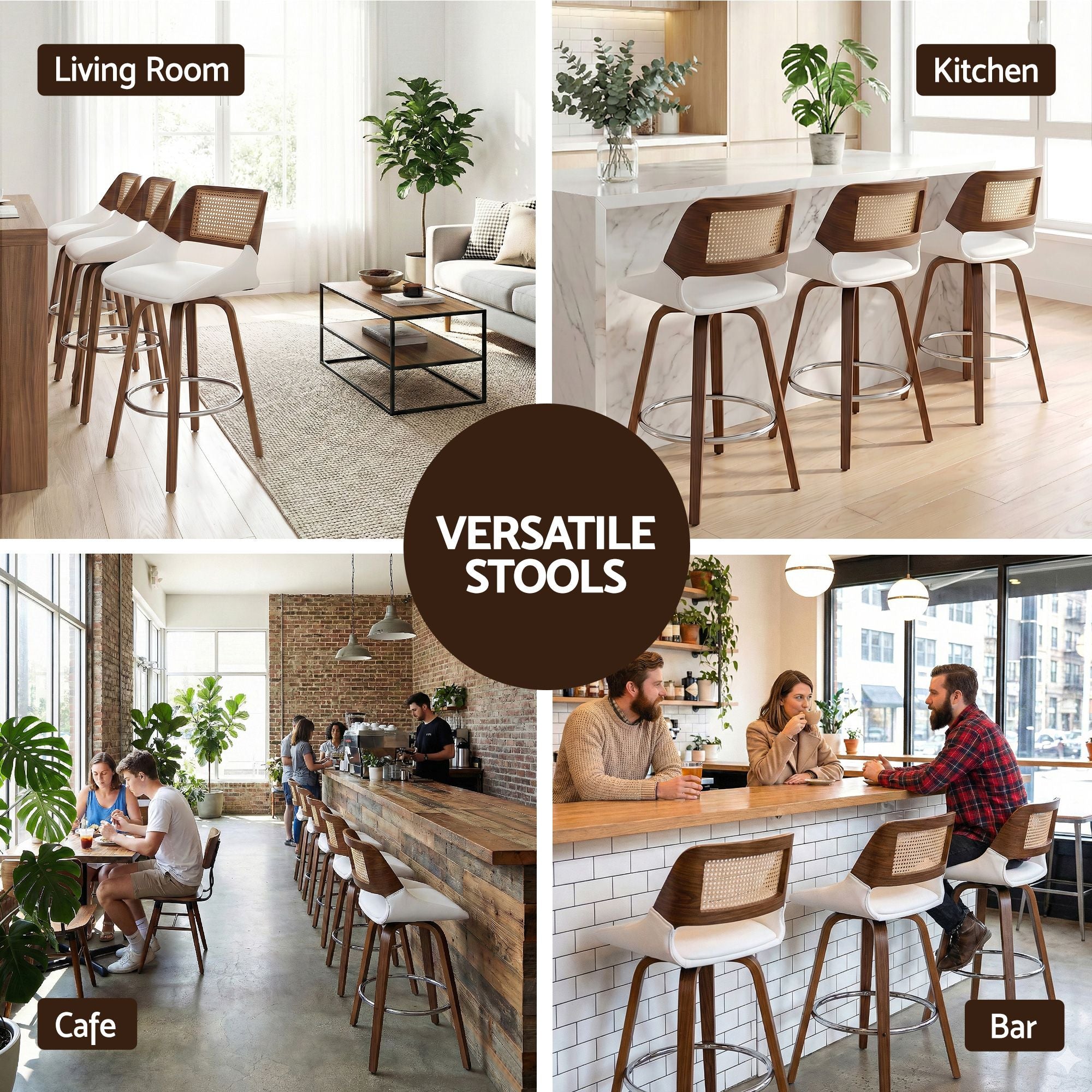 Set of 3 Wooden Swivel Bar Stools 60cm Seat Height - White and Rattan