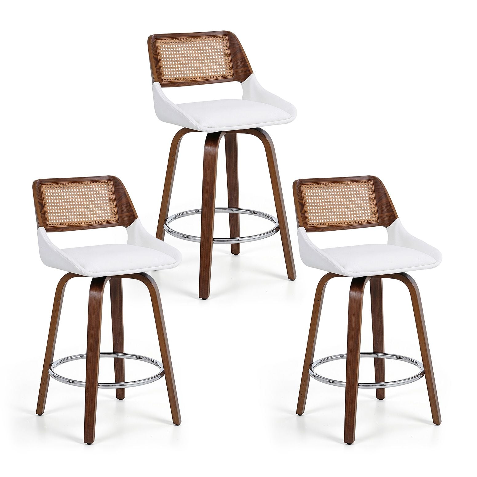 Set of 3 Wooden Swivel Bar Stools 60cm Seat Height - White and Rattan