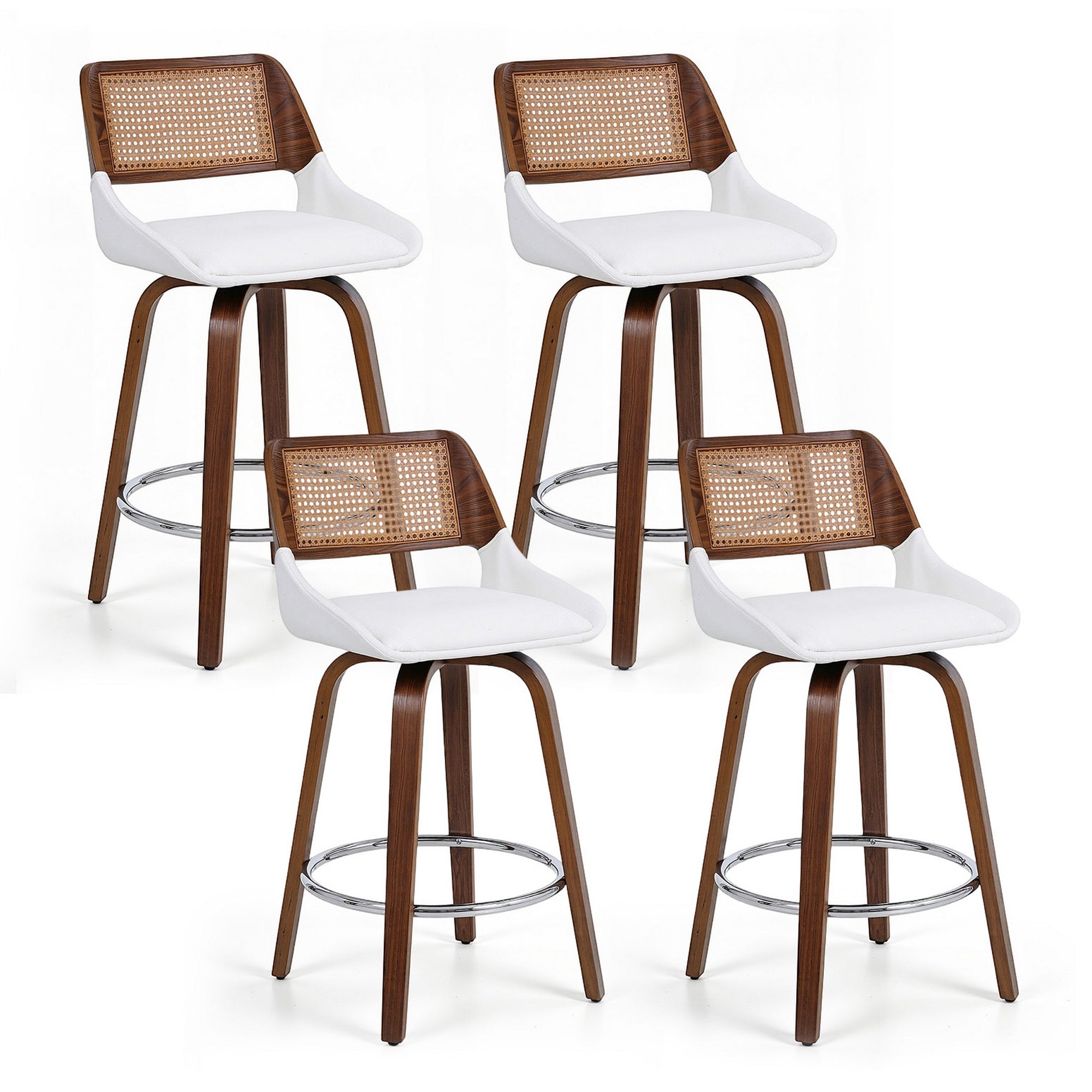 Set of 4 Wooden Swivel Bar Stools 60cm Seat Height - White and Natural Rattan
