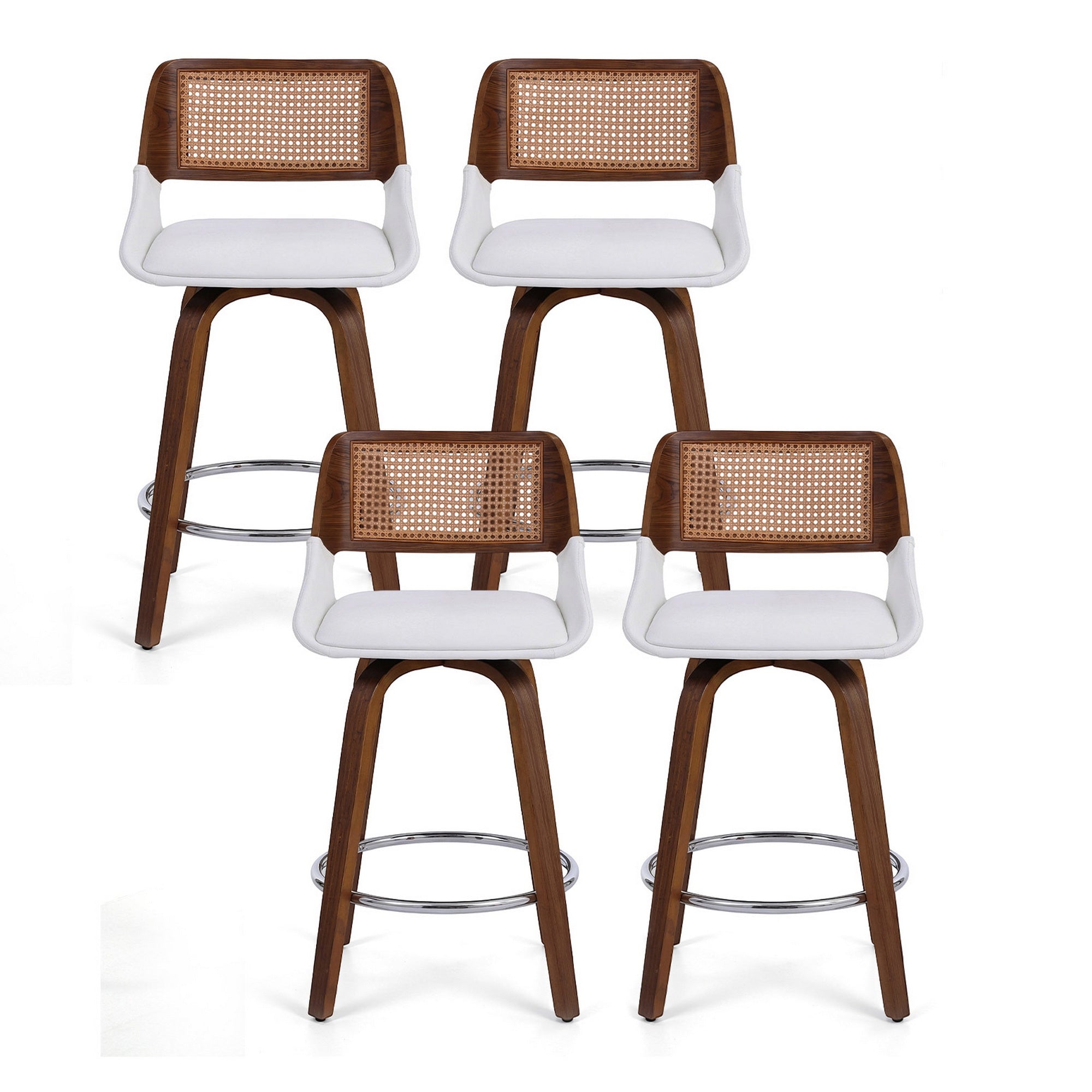 Set of 4 Wooden Swivel Bar Stools 60cm Seat Height - White and Natural Rattan