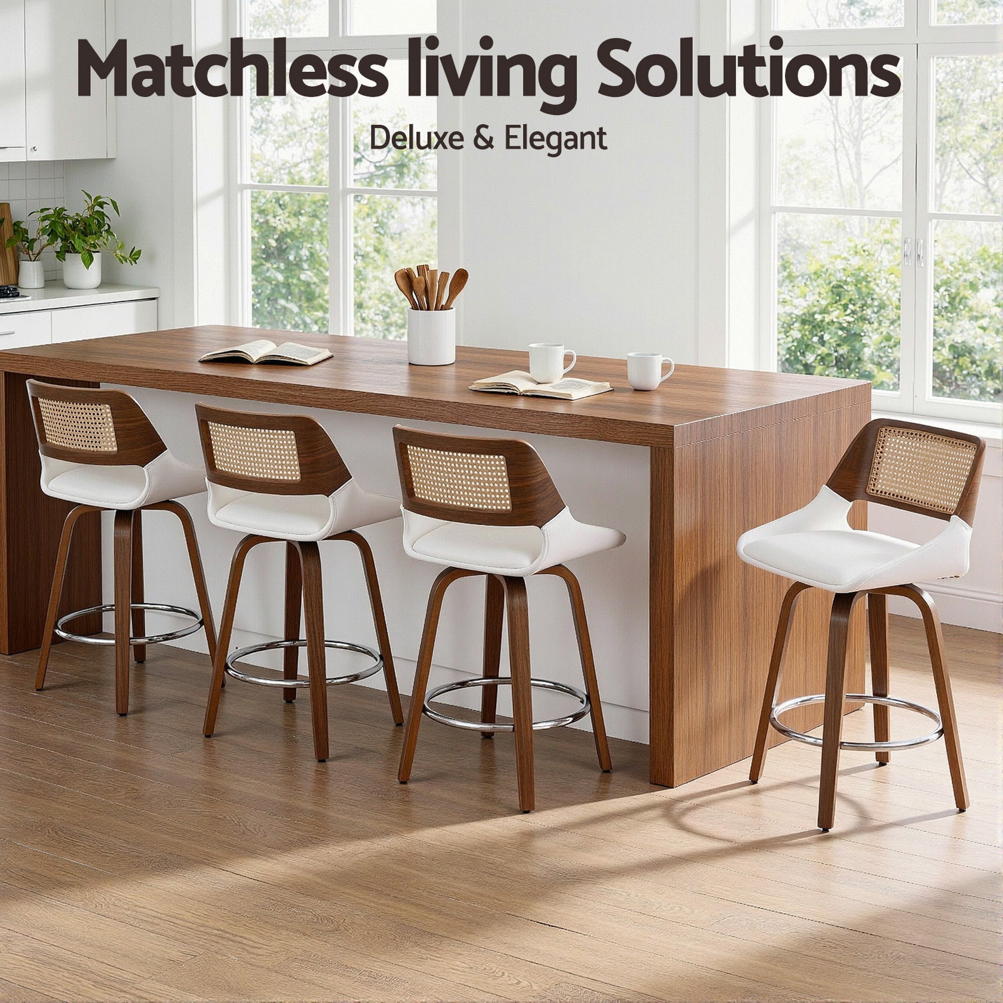 Set of 4 Wooden Swivel Bar Stools 60cm Seat Height - White and Natural Rattan