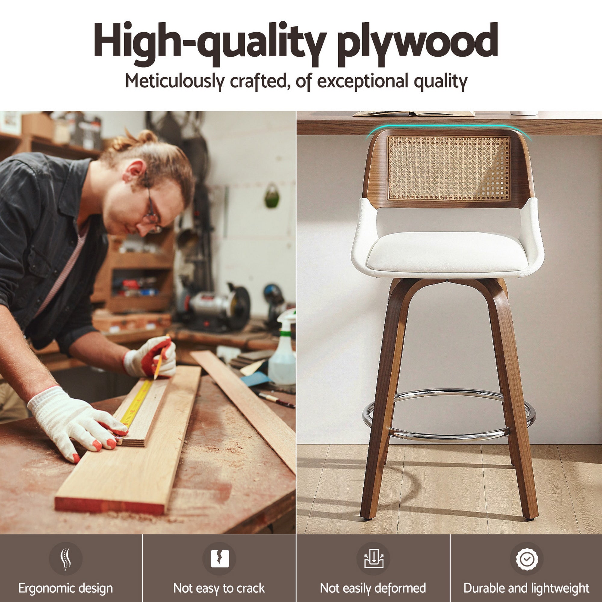 Set of 4 Wooden Swivel Bar Stools 60cm Seat Height - White and Natural Rattan