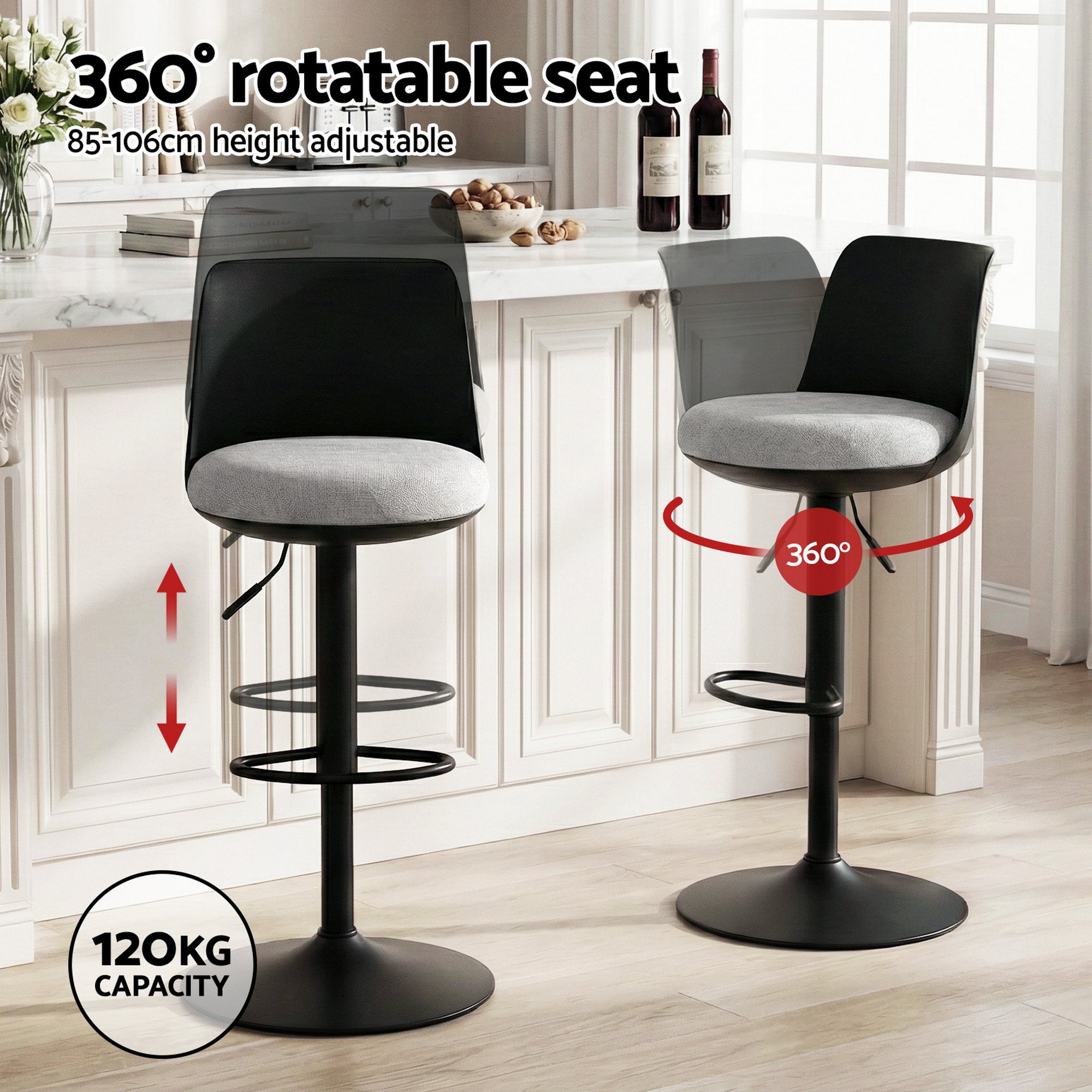 2x Bar Stools Kitchen Swivel Gas Lift Counter Dining Chair Curved Black