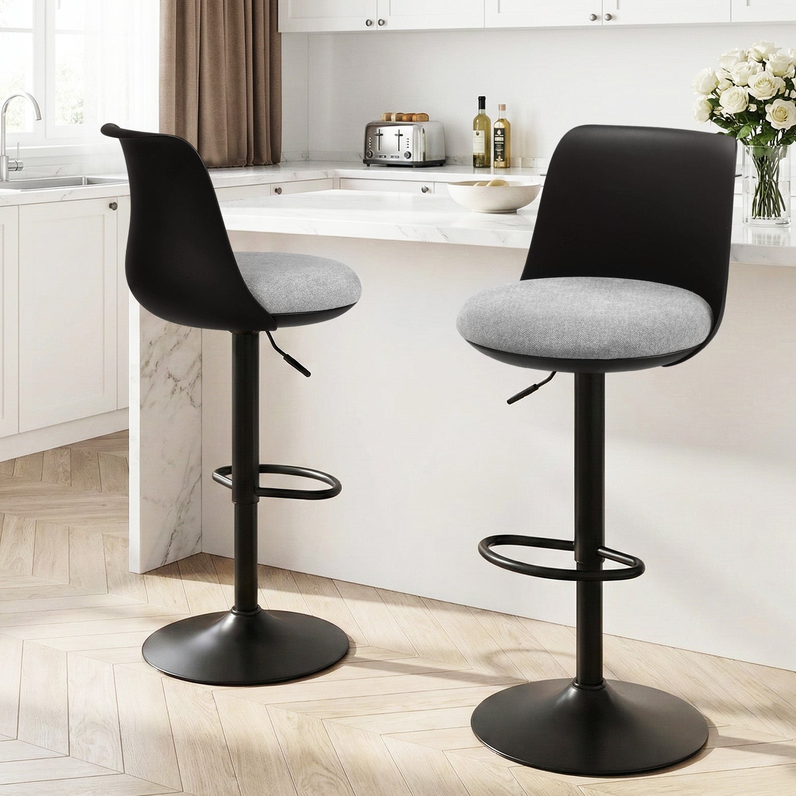 2x Bar Stools Kitchen Swivel Gas Lift Counter Dining Chair Curved Black