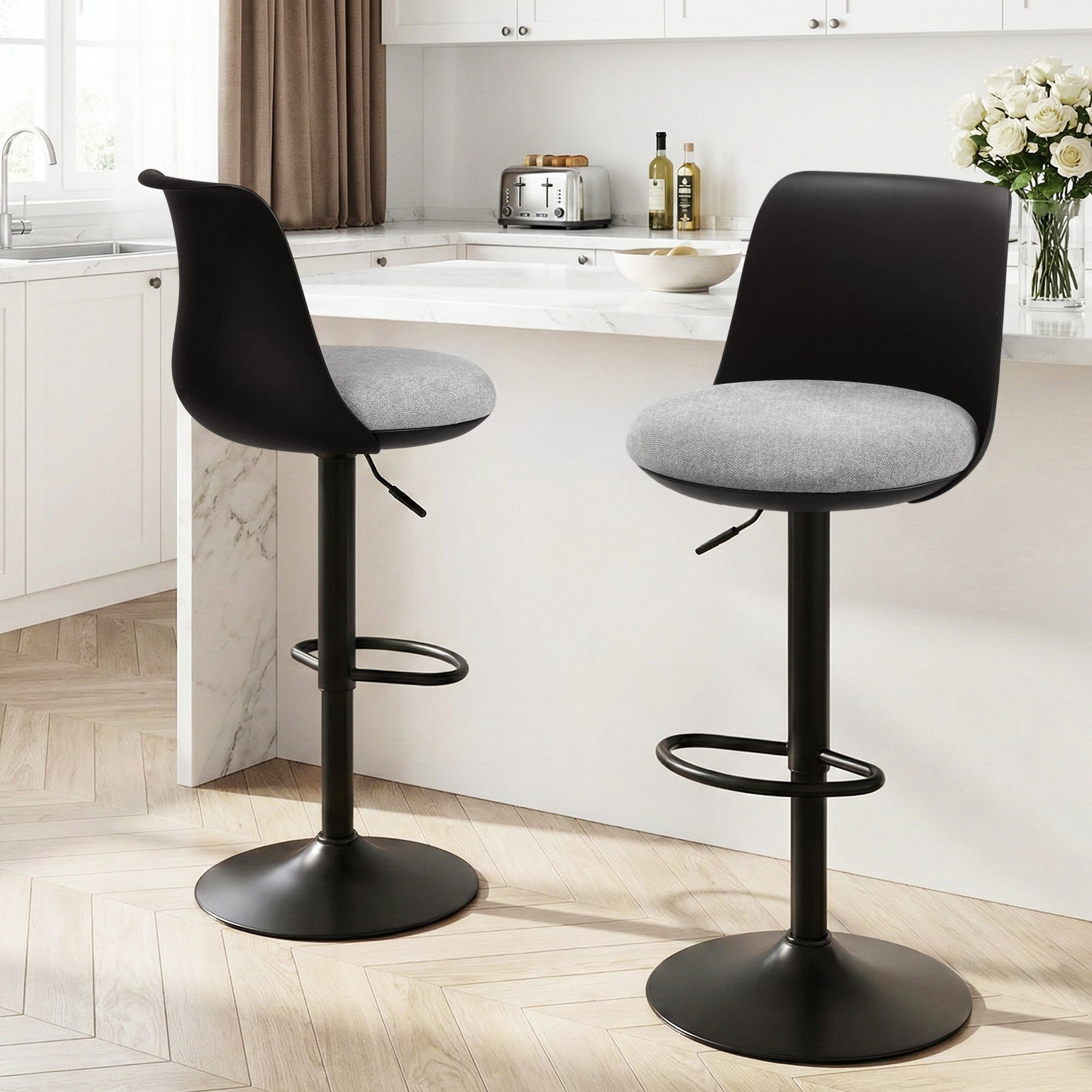 2x Bar Stools Kitchen Swivel Gas Lift Counter Dining Chair Curved Black