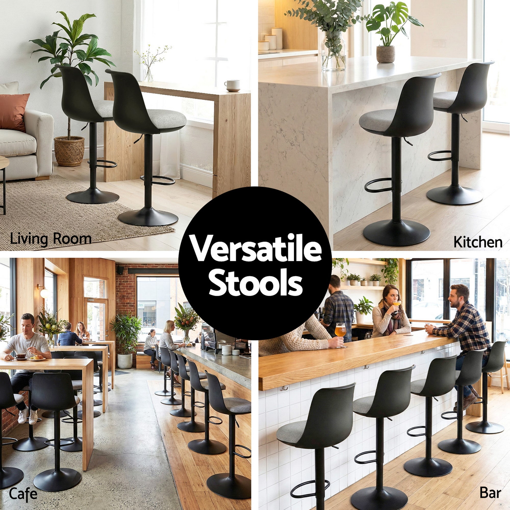 4x Bar Stools Kitchen Swivel Gas Lift Counter Dining Chair Curved Black
