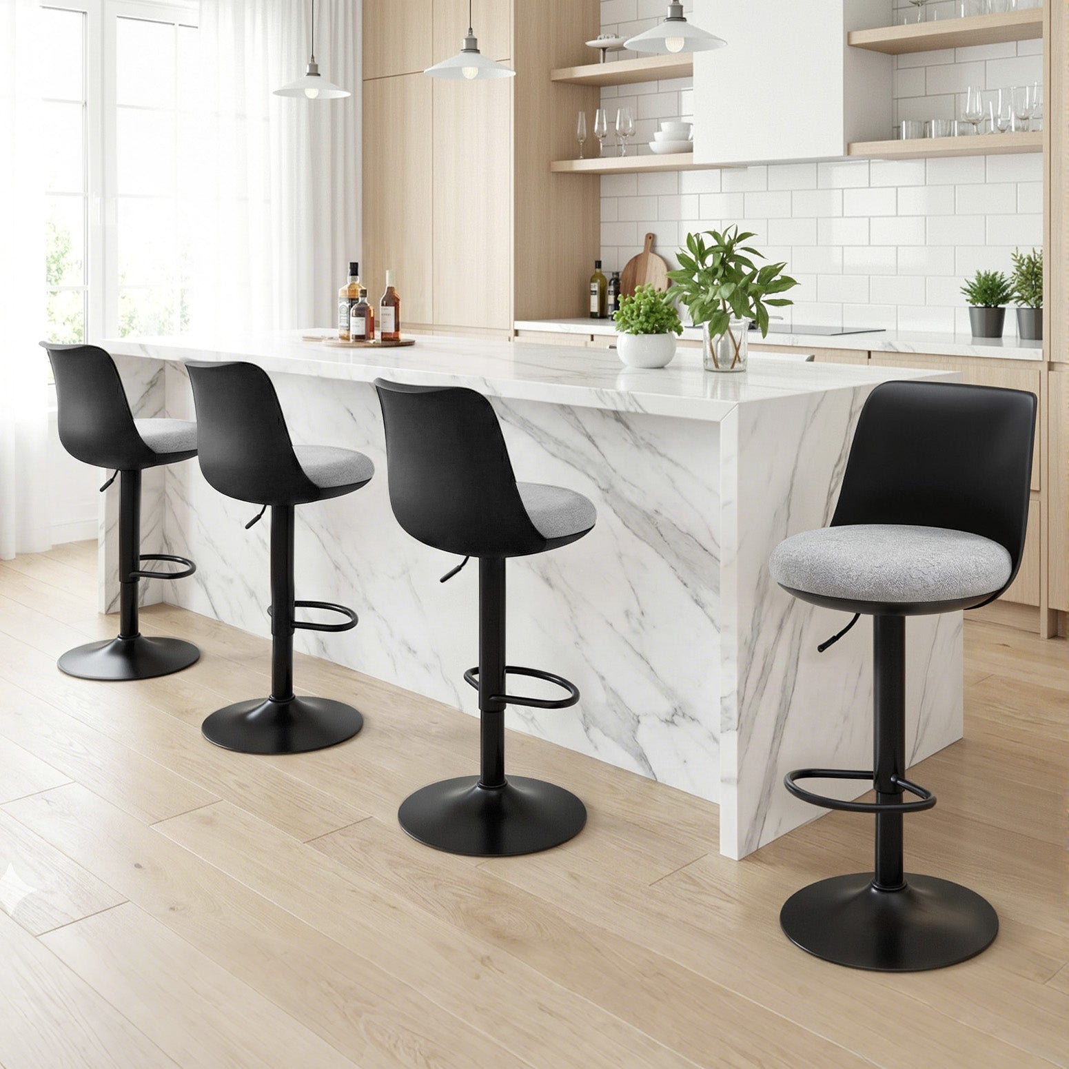 4x Bar Stools Kitchen Swivel Gas Lift Counter Dining Chair Curved Black