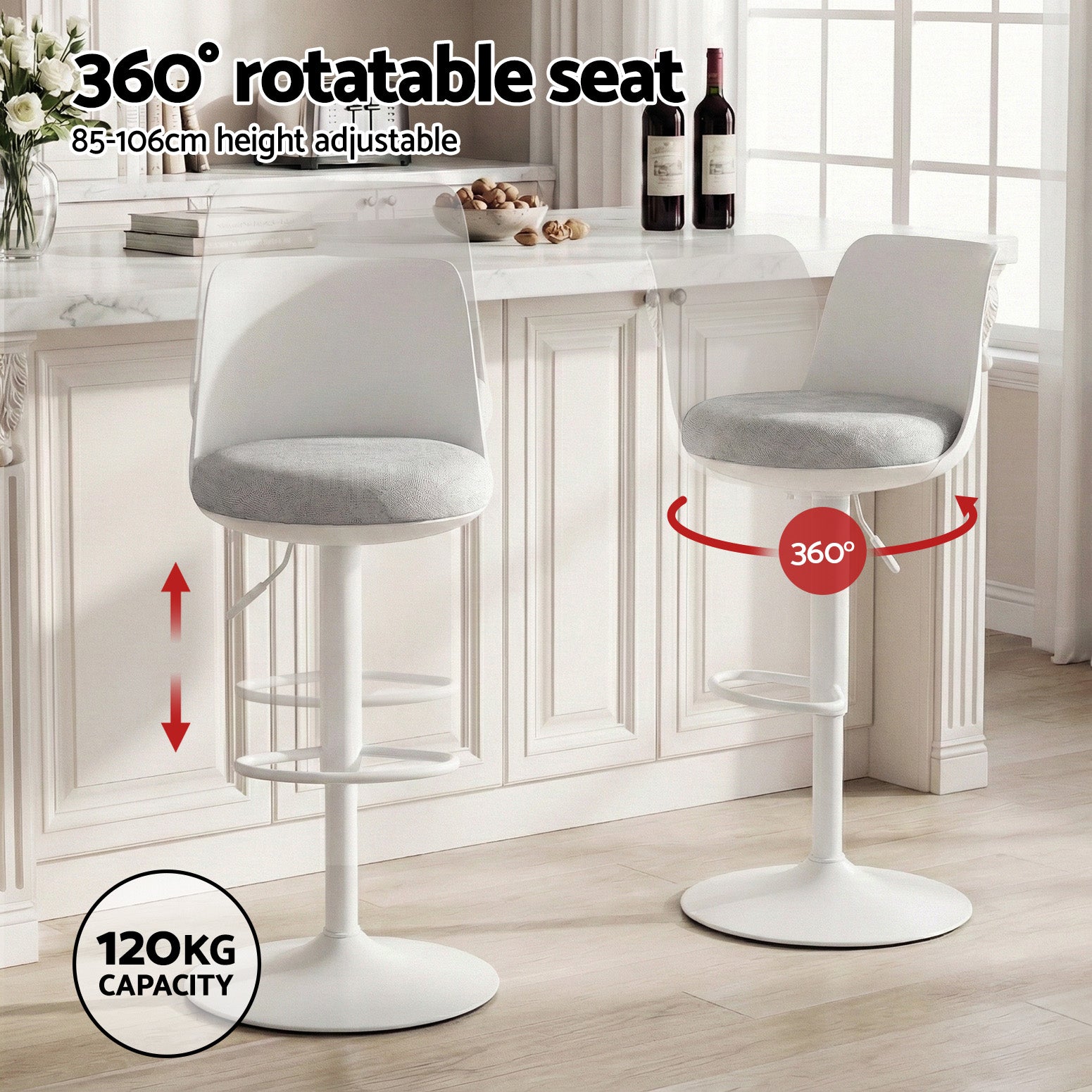 2x Bar Stools Kitchen Swivel Gas Lift Counter Dining Chair Curved White