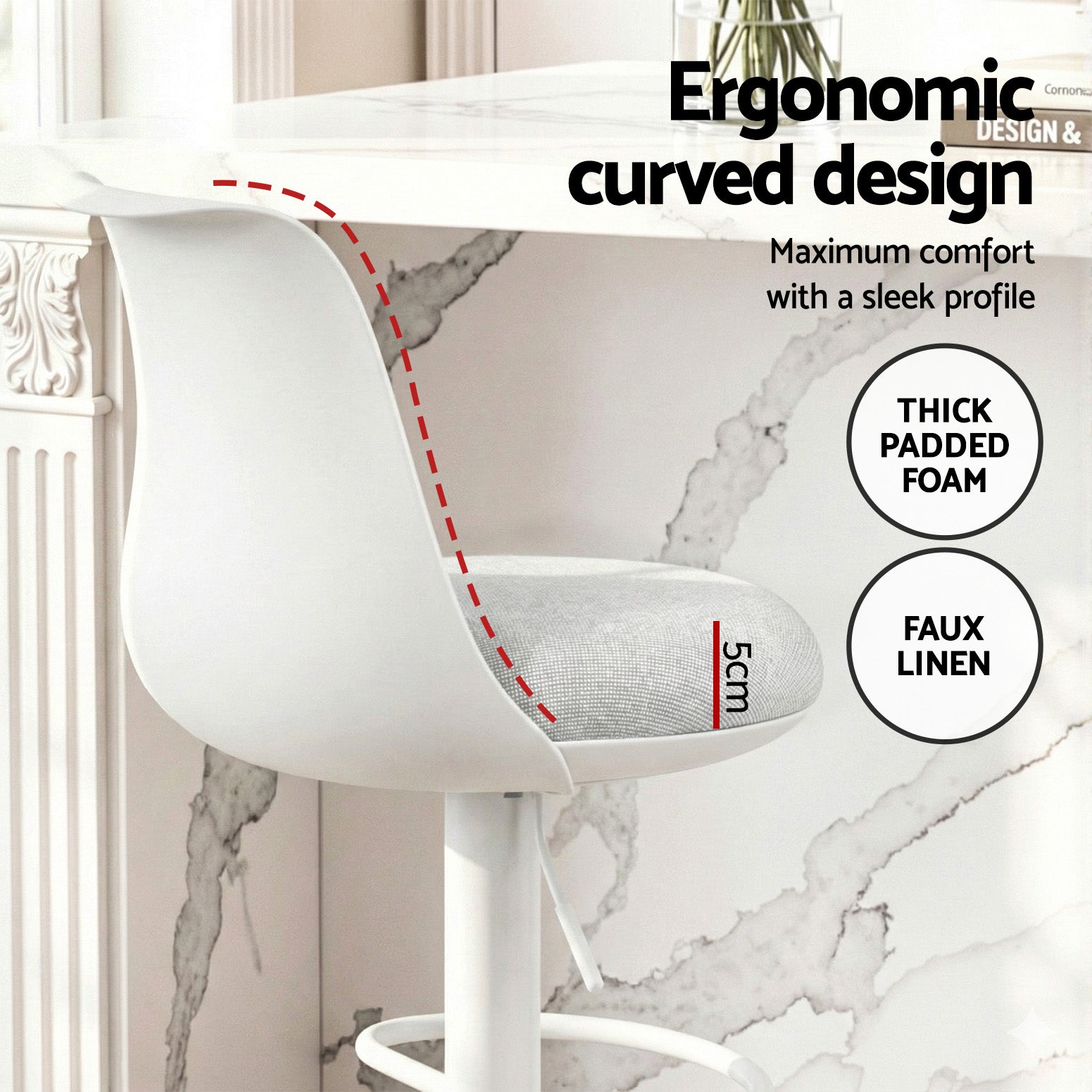 2x Bar Stools Kitchen Swivel Gas Lift Counter Dining Chair Curved White