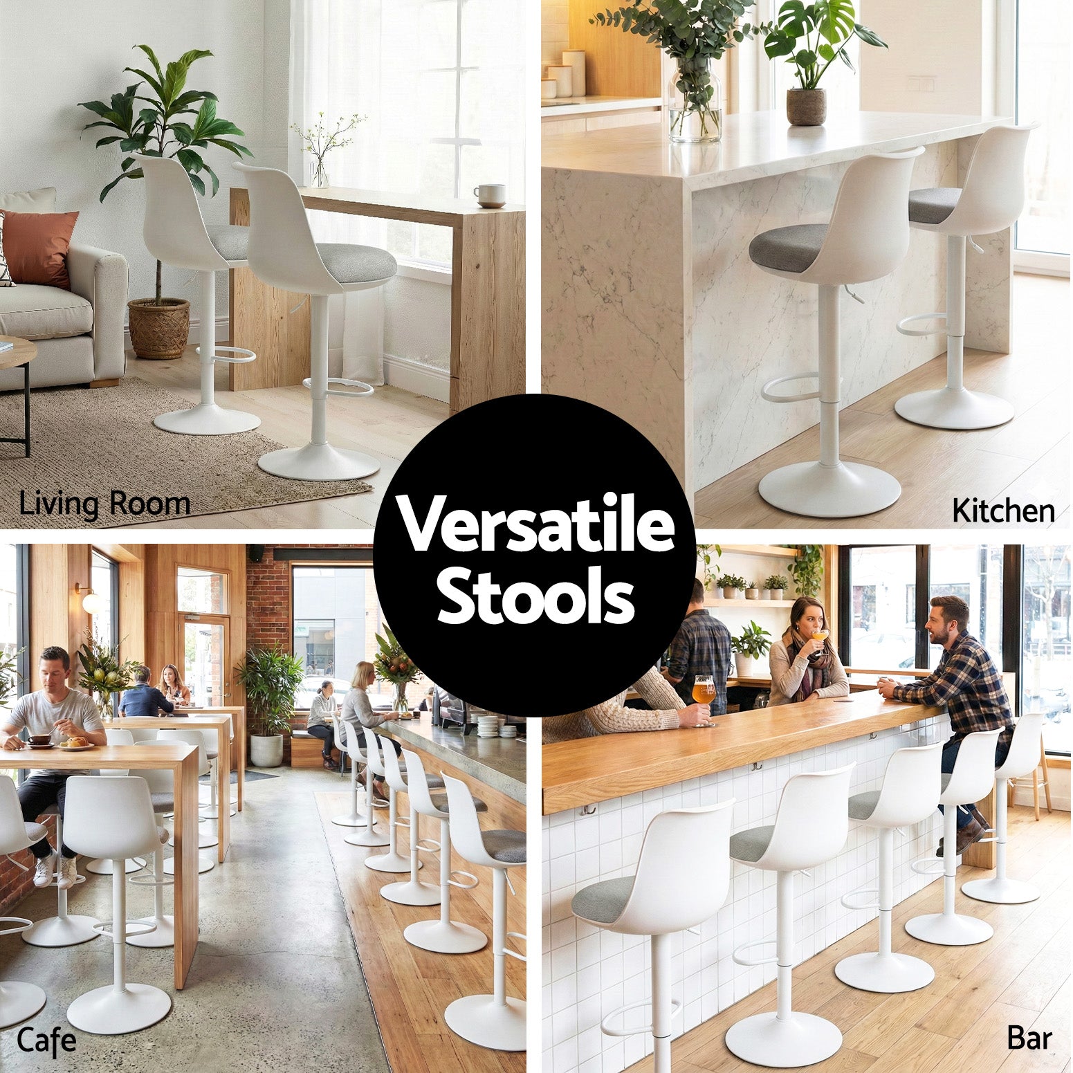 2x Bar Stools Kitchen Swivel Gas Lift Counter Dining Chair Curved White