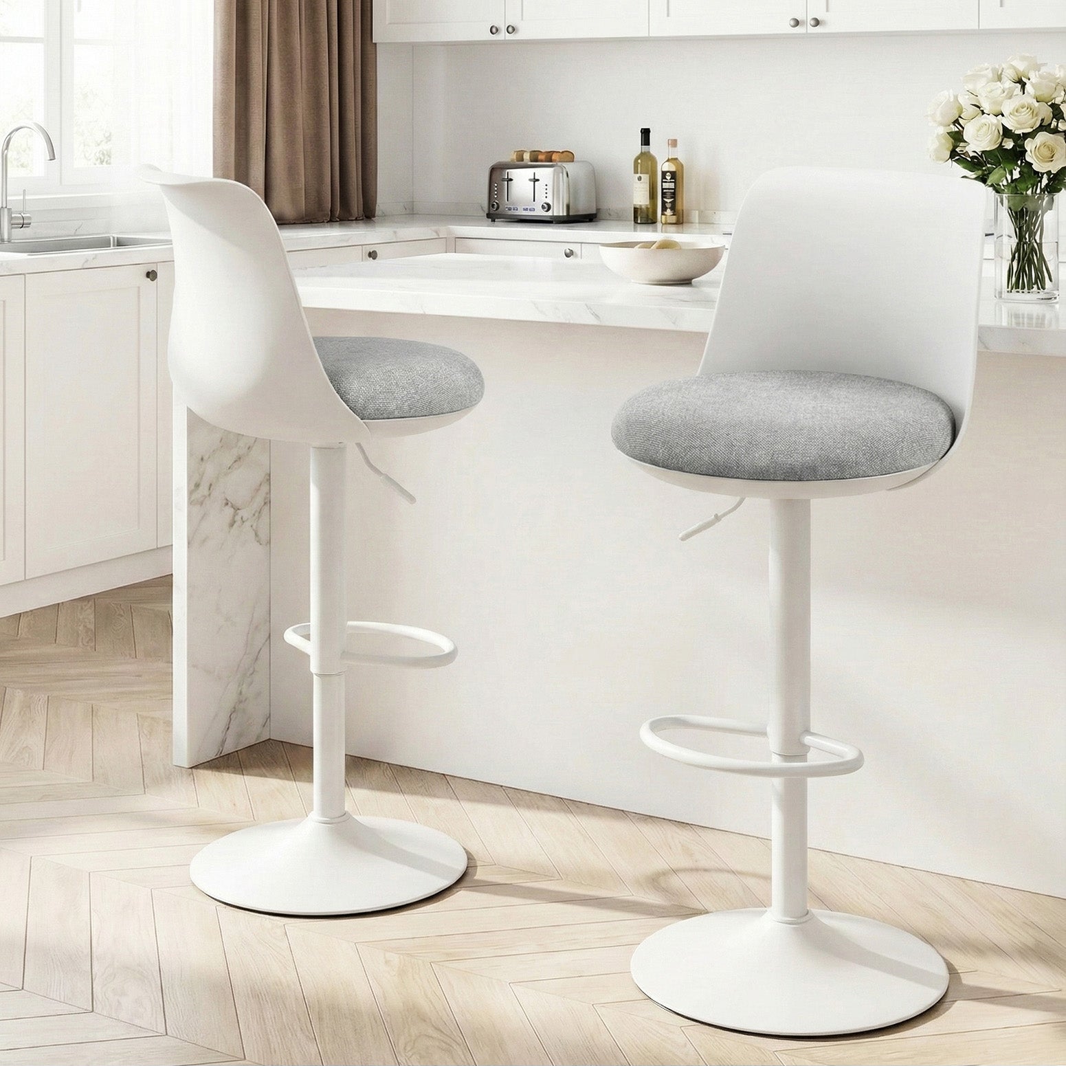 2x Bar Stools Kitchen Swivel Gas Lift Counter Dining Chair Curved White