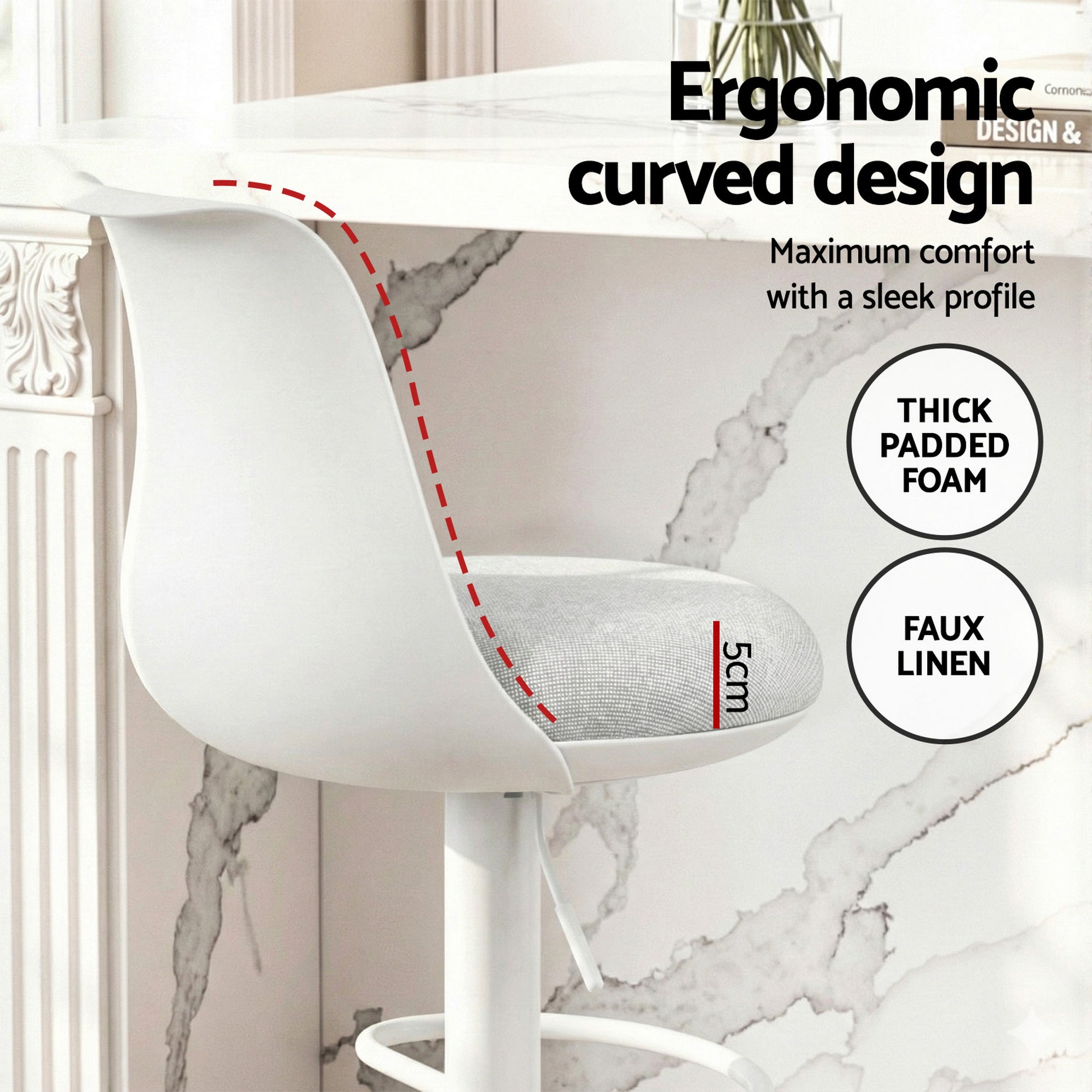 4x Bar Stools Kitchen Swivel Gas Lift Counter Dining Chair Curved White