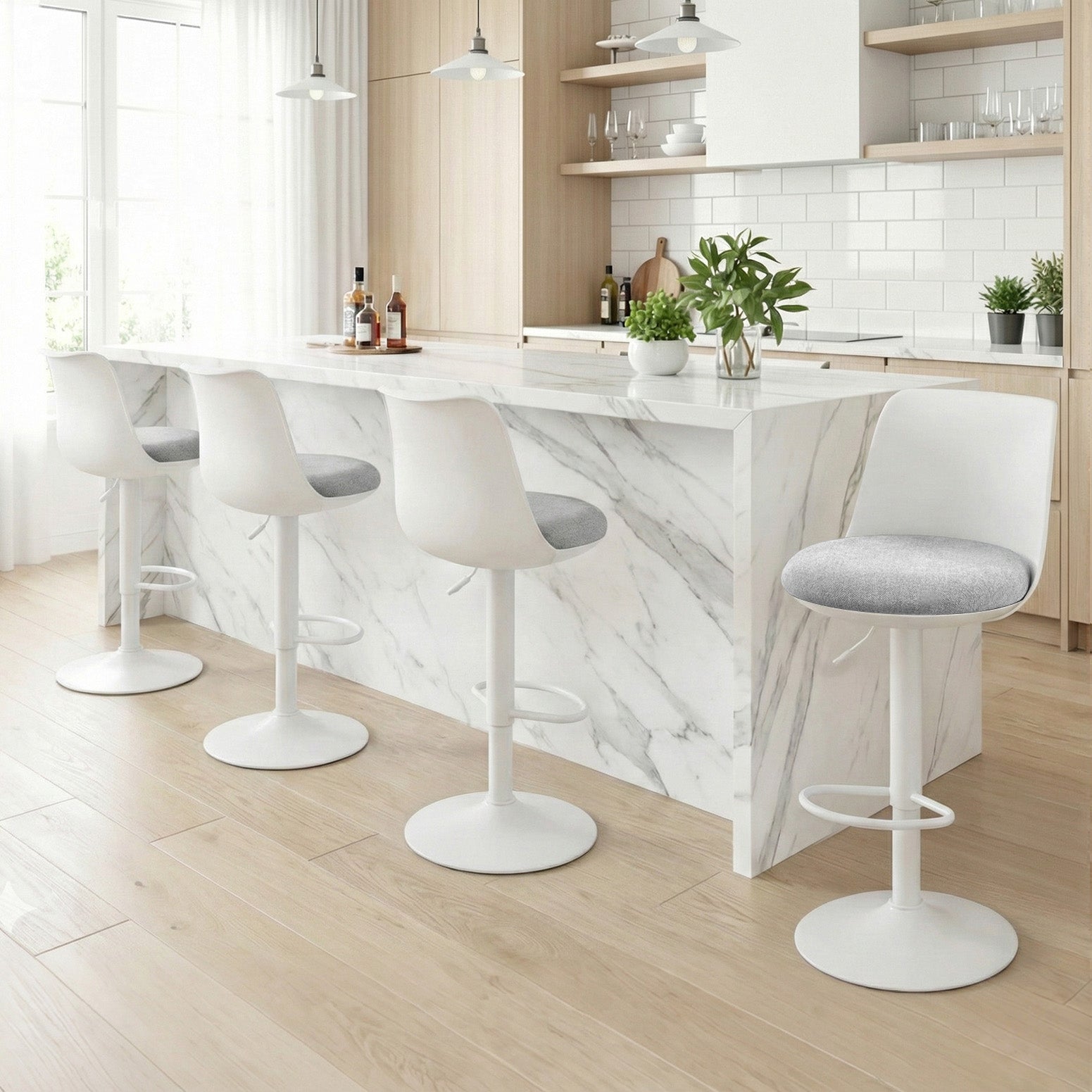 4x Bar Stools Kitchen Swivel Gas Lift Counter Dining Chair Curved White
