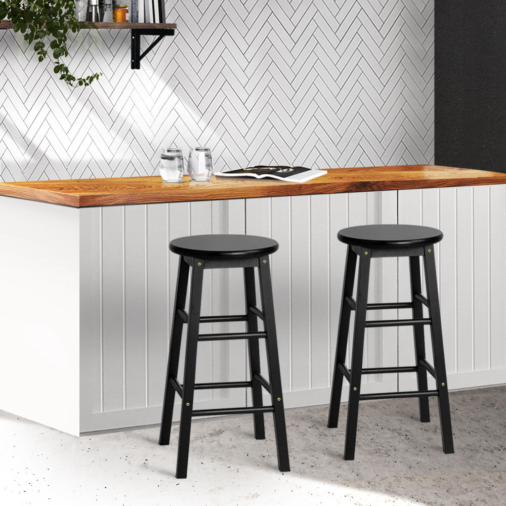 Set of 2 Beech Wood Backless Bar Stools - Black