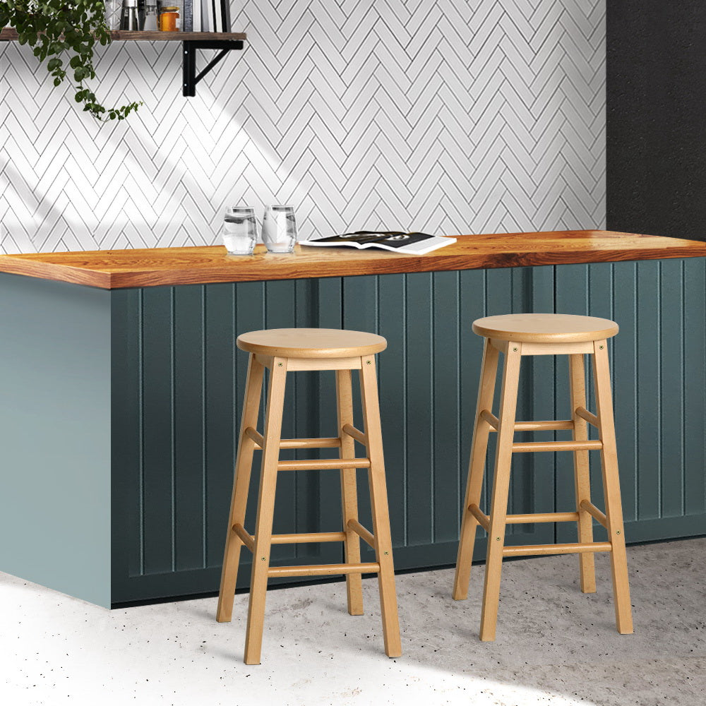 Set of 2 Beech Wood Backless Bar Stools - Natural