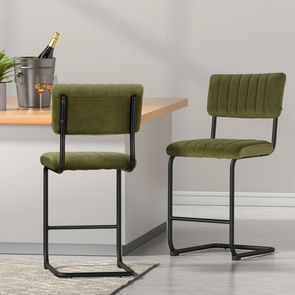 Set of 4 Velvet Fixed Height Bar Stools - Green