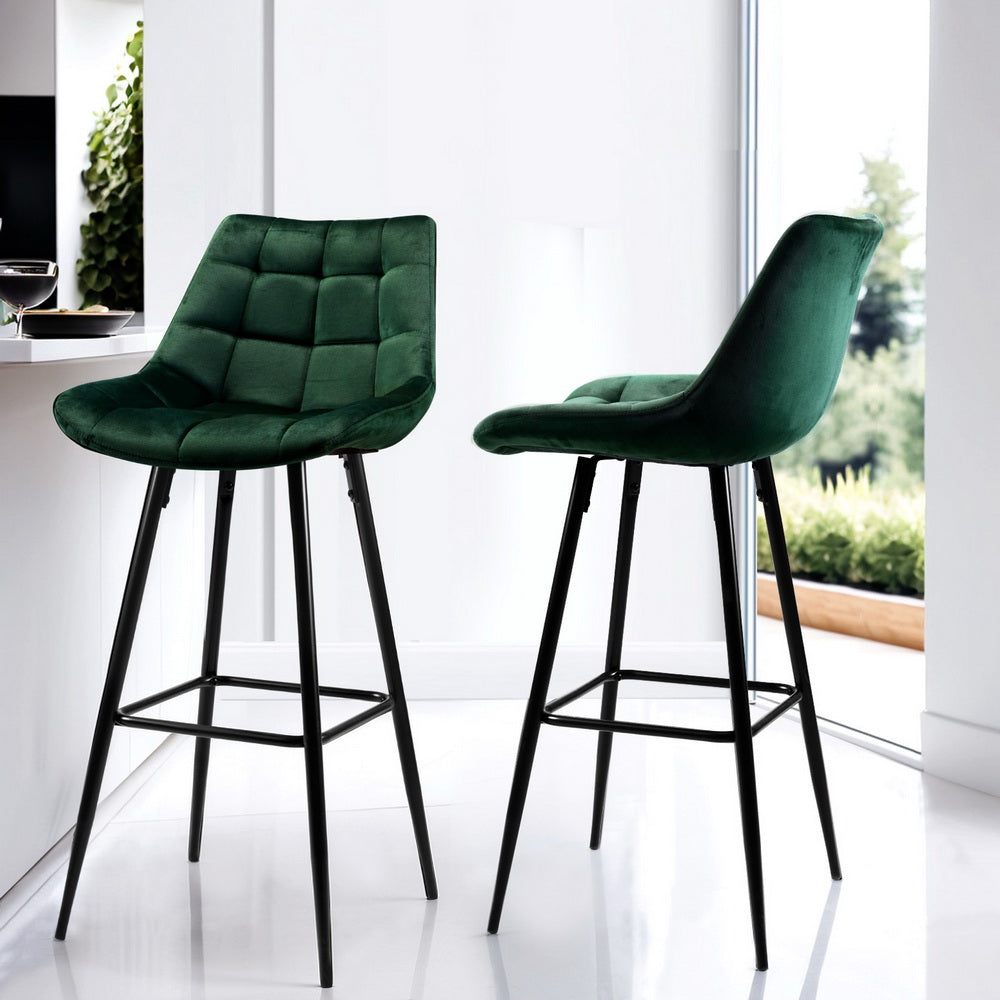 Set of 4 Velvet Bar Stools - Green