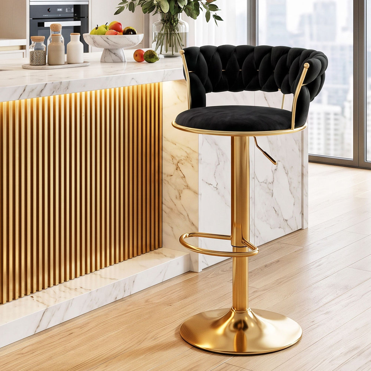 Vivien Velvet Clam Shell Bar Stool with Gas Lift and Woven Backrest - Black