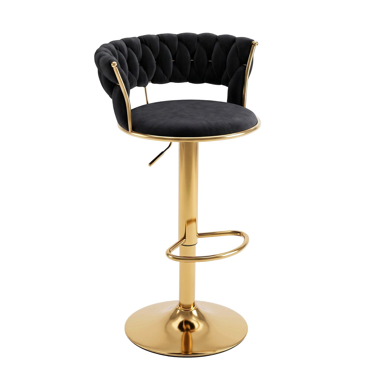 Vivien Velvet Clam Shell Bar Stool with Gas Lift and Woven Backrest - Black