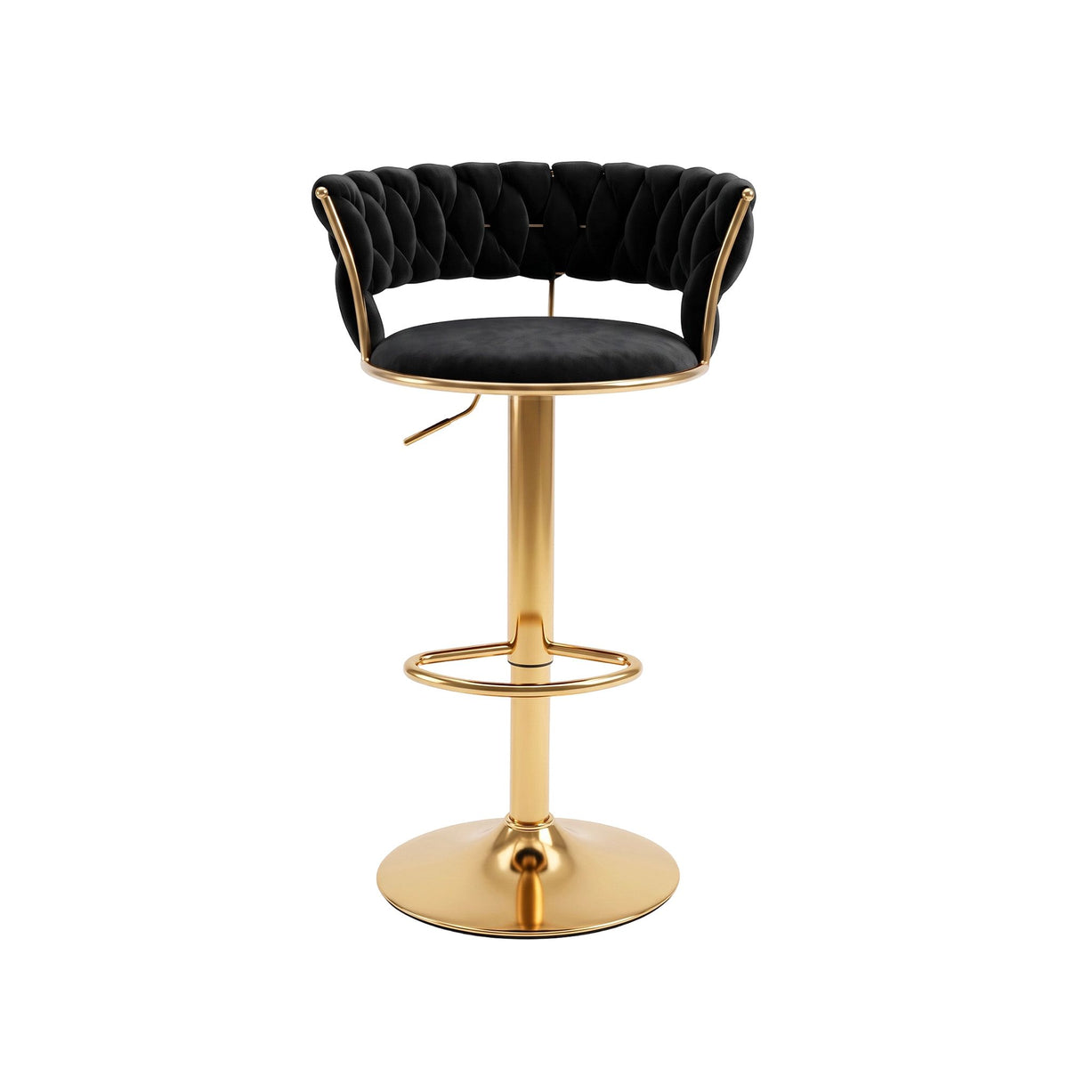 Vivien Velvet Clam Shell Bar Stool with Gas Lift and Woven Backrest - Black