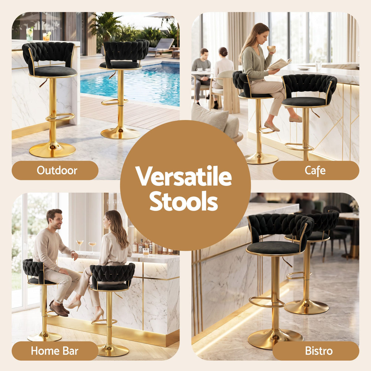 Vivien Velvet Clam Shell Bar Stool with Gas Lift and Woven Backrest - Black