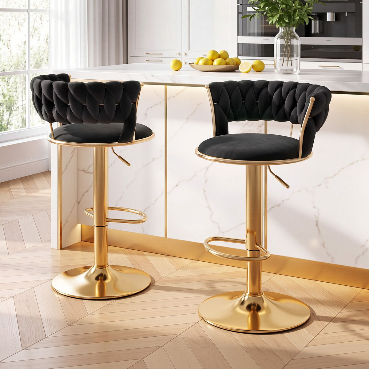 Set of 2 Vivien Velvet Bar Stools with Gas Lift and Woven Backrest - Black