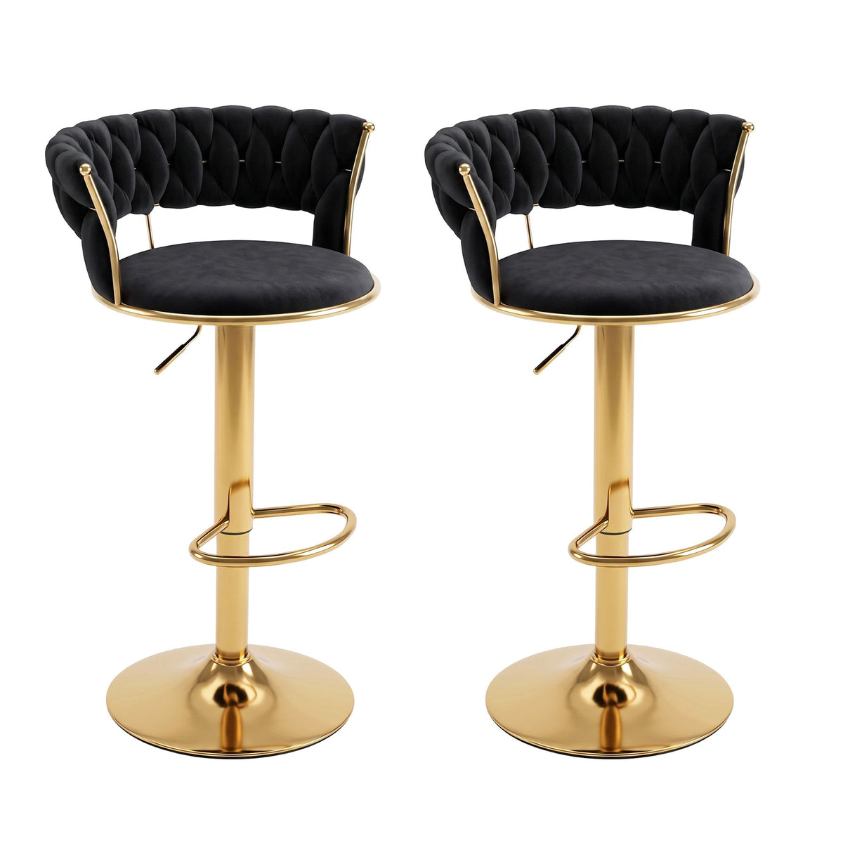 Set of 2 Vivien Velvet Bar Stools with Gas Lift and Woven Backrest - Black
