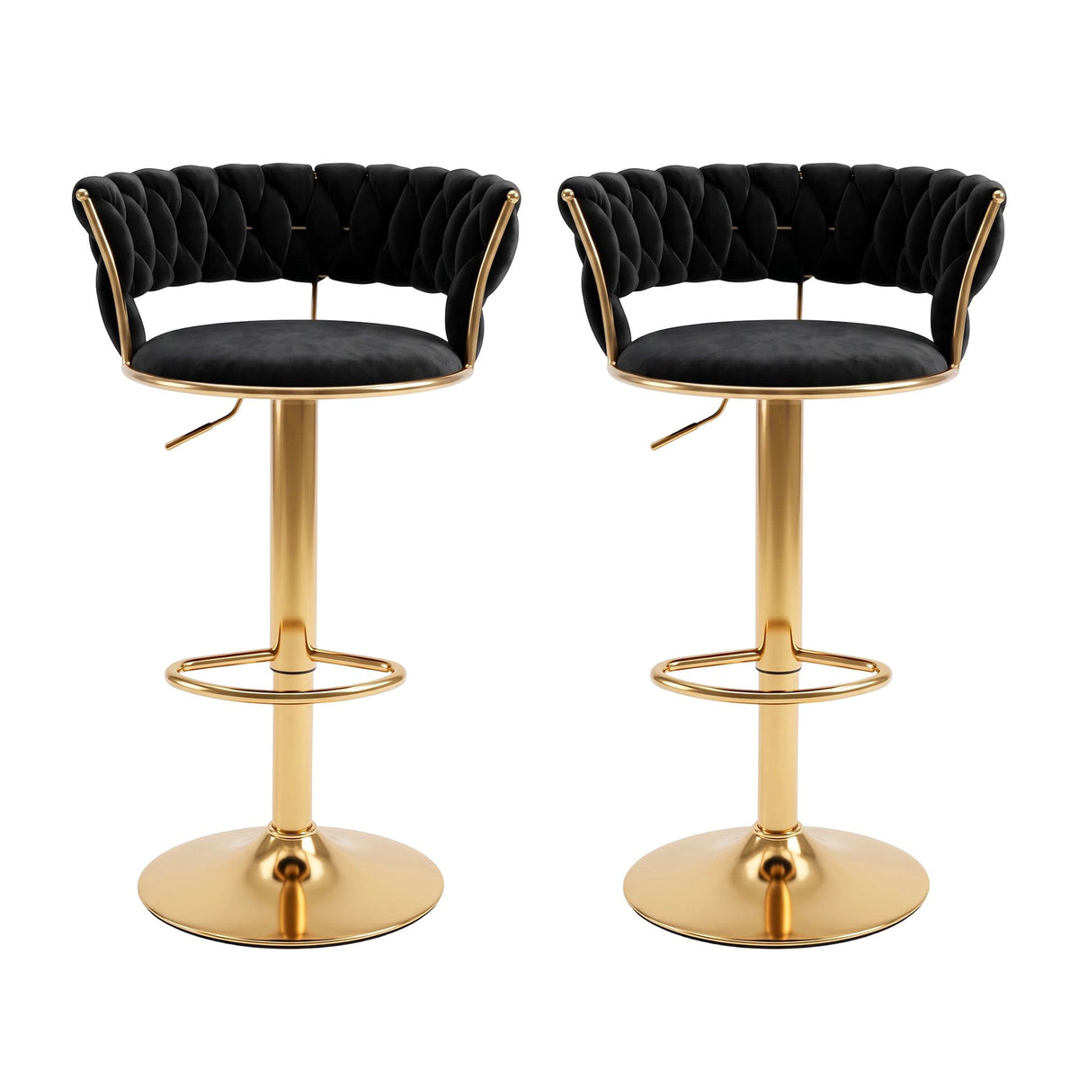 Set of 2 Vivien Velvet Bar Stools with Gas Lift and Woven Backrest - Black