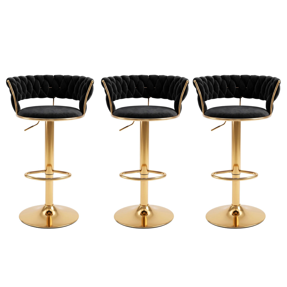 Set of 3 Vivien Adjustable Velvet Bar Stools with Woven Backrest - Black