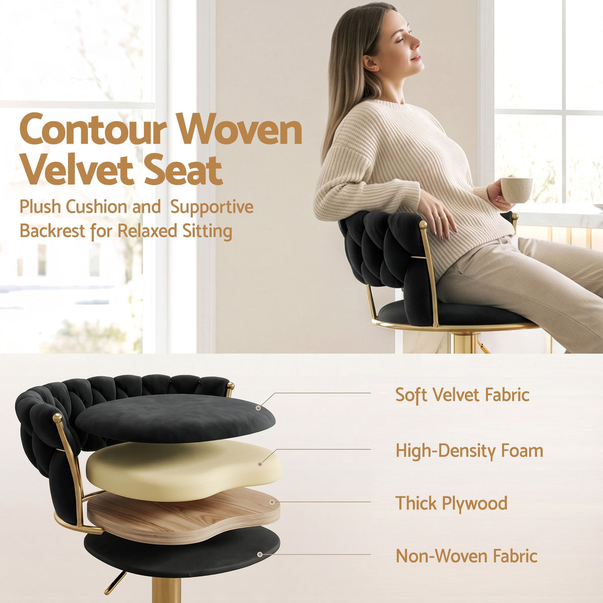 Set of 3 Vivien Adjustable Velvet Bar Stools with Woven Backrest - Black