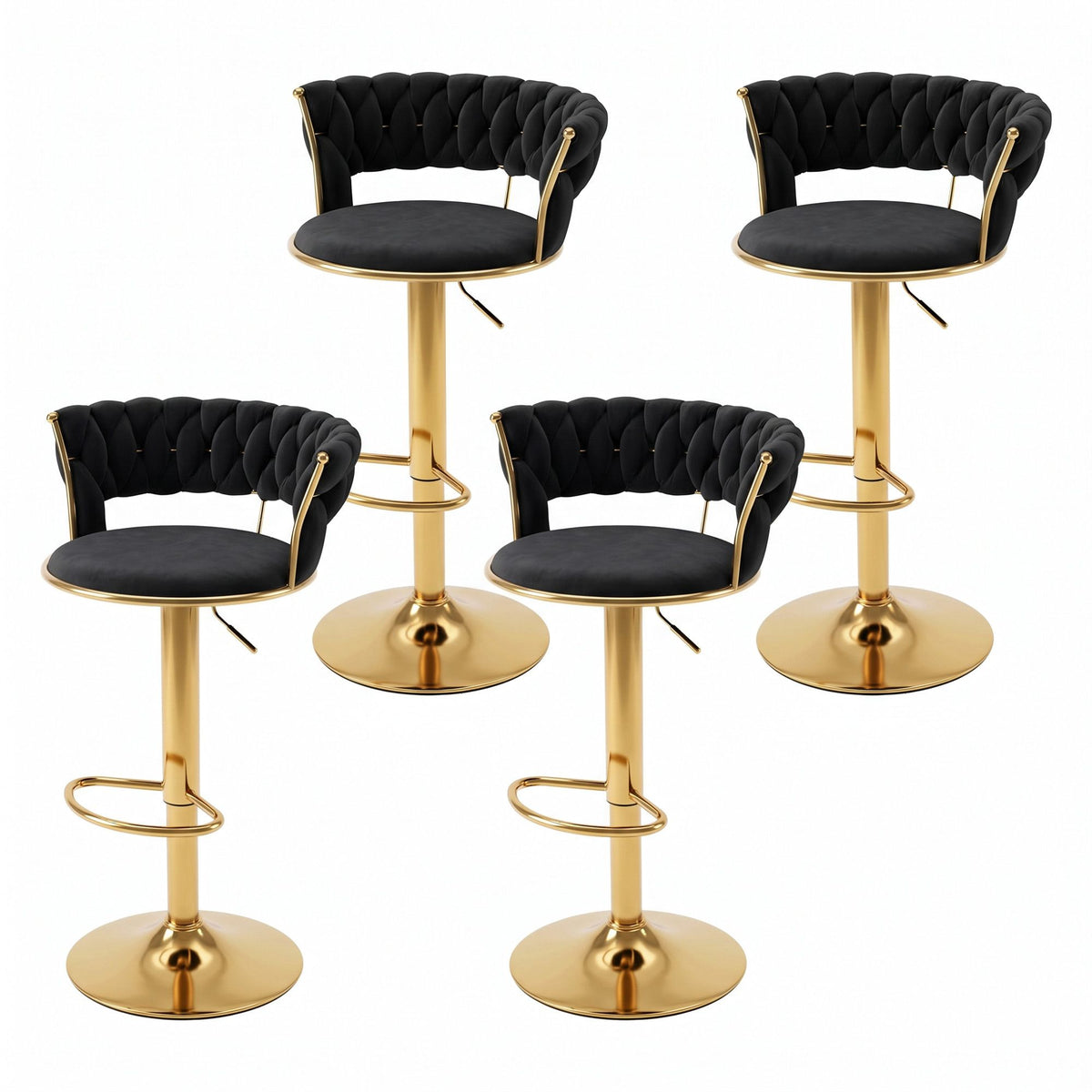 Set of 4 Vivien Velvet Bar Stools with Gas Lift and Woven Backrest - Black