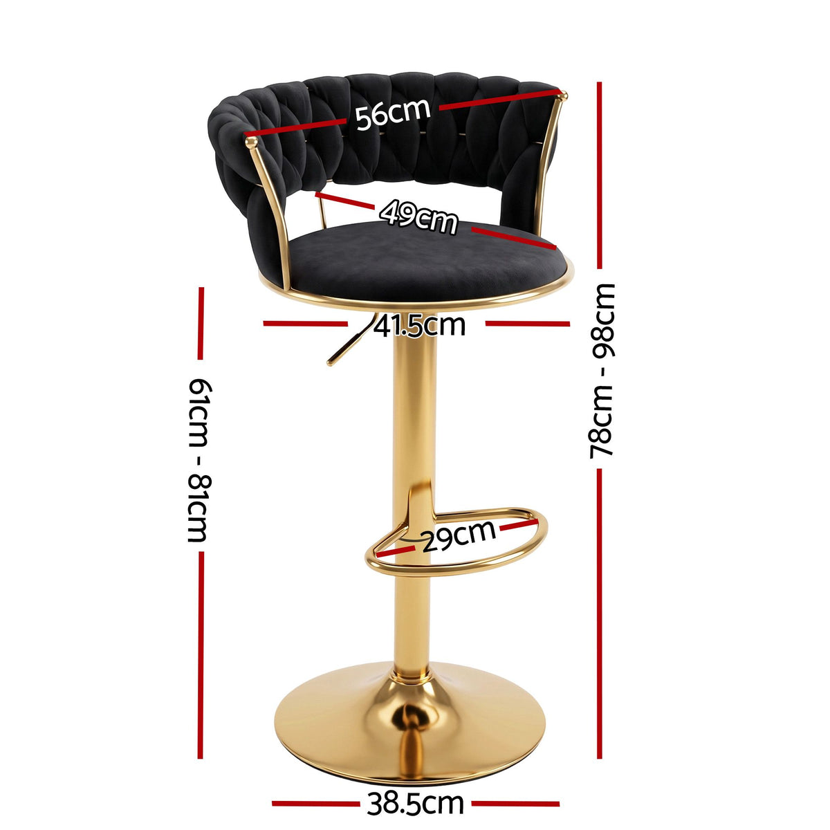 Set of 4 Vivien Velvet Bar Stools with Gas Lift and Woven Backrest - Black