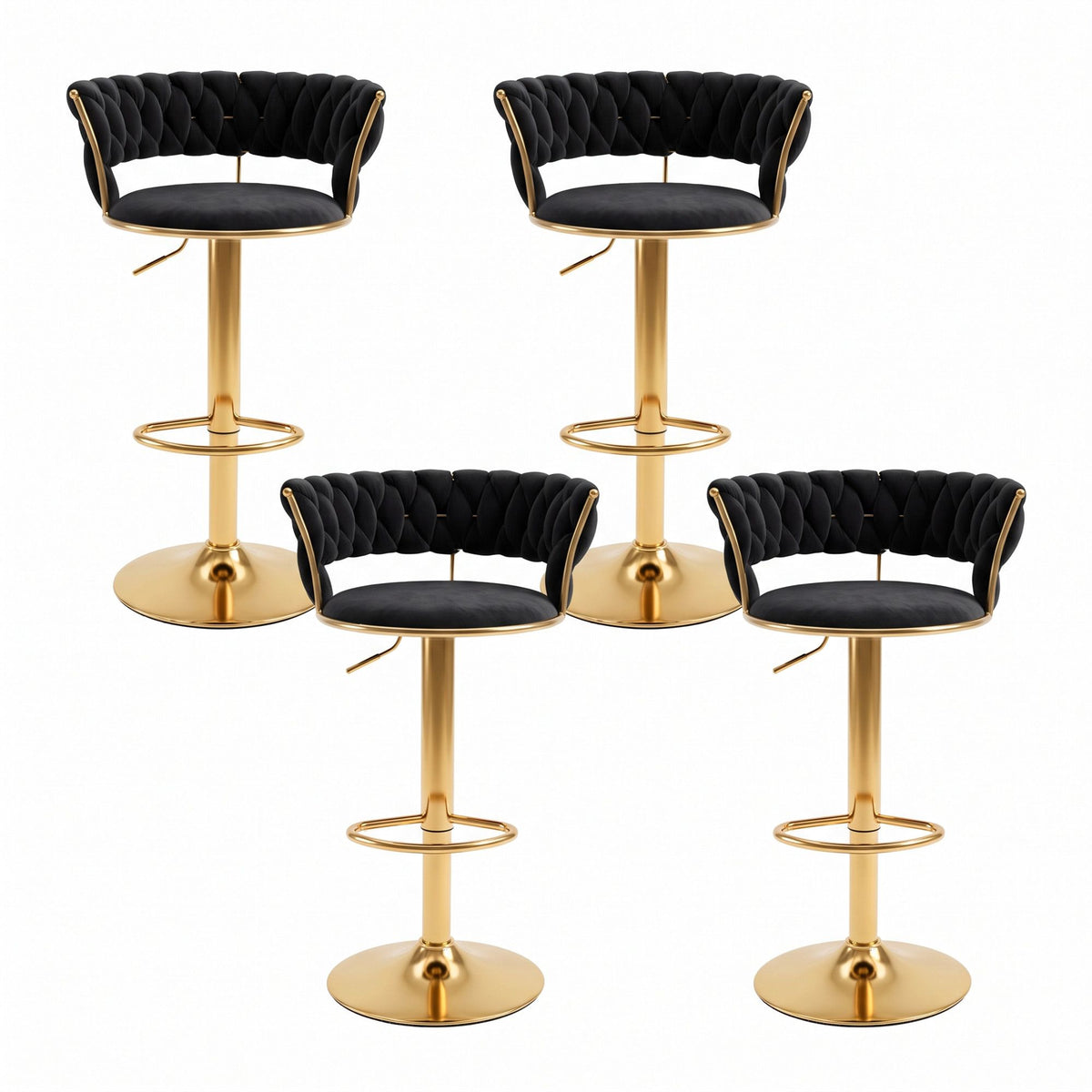 Set of 4 Vivien Velvet Bar Stools with Gas Lift and Woven Backrest - Black