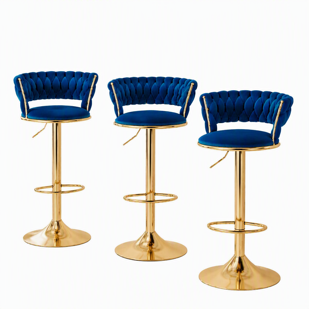 Set of 3 Vivien Velvet Gas Lift Bar Stools with Woven Backrest - Navy