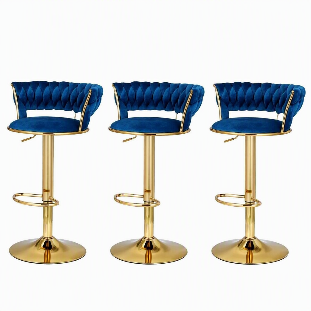 Set of 3 Vivien Velvet Gas Lift Bar Stools with Woven Backrest - Navy