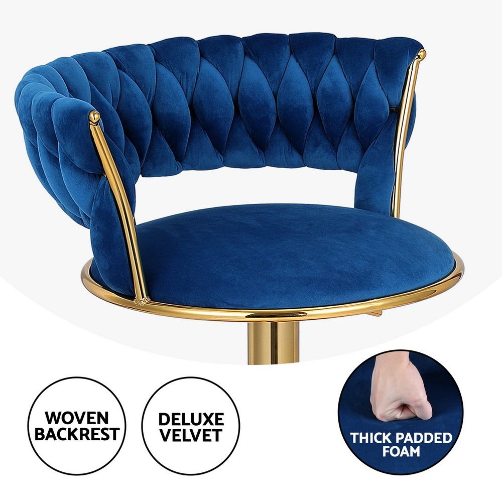 Set of 3 Vivien Velvet Gas Lift Bar Stools with Woven Backrest - Navy