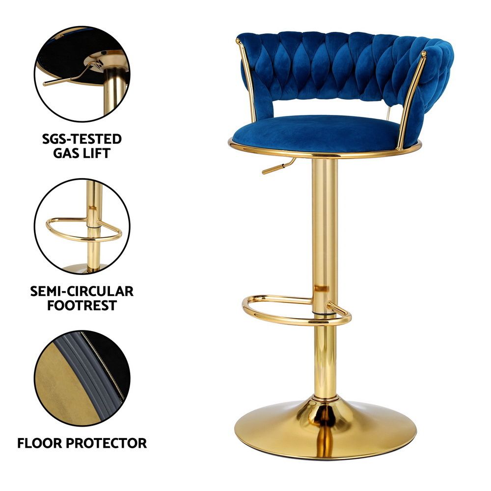 Set of 3 Vivien Velvet Gas Lift Bar Stools with Woven Backrest - Navy