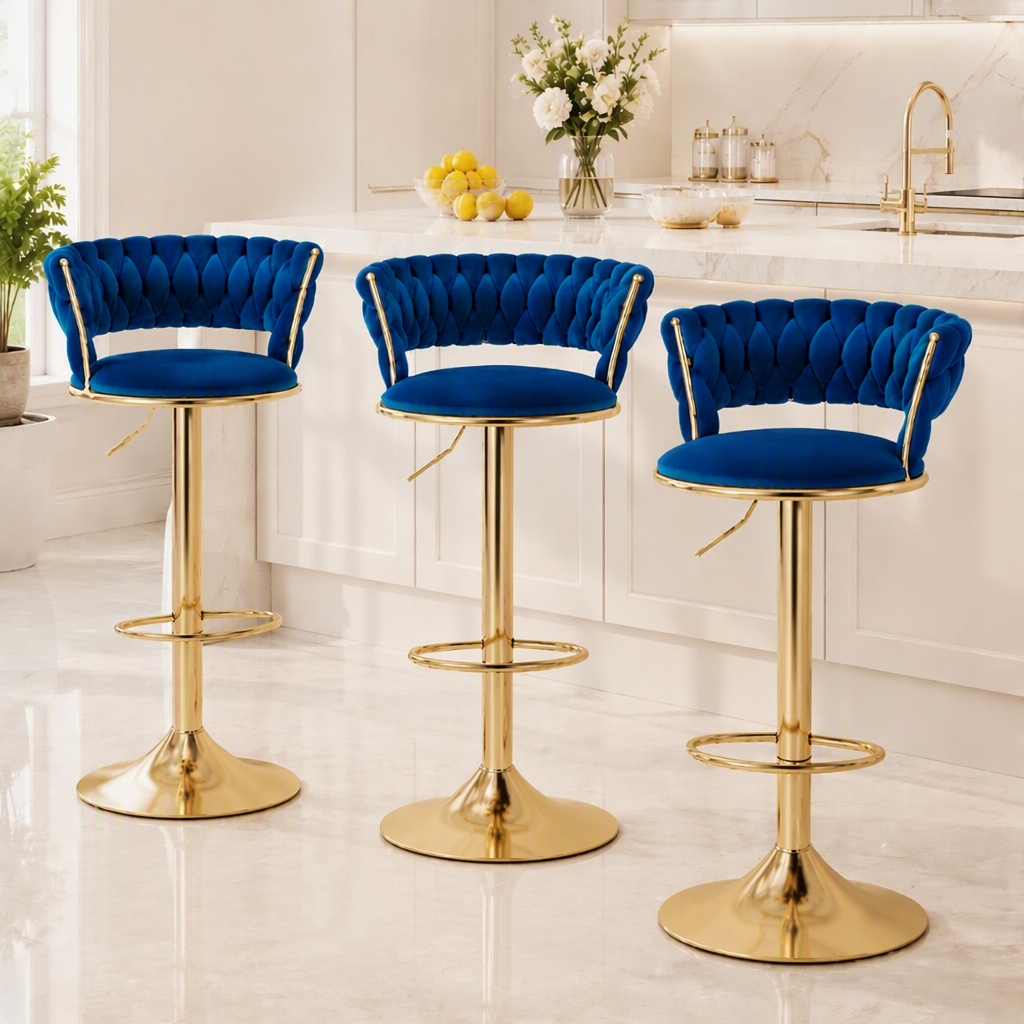 Set of 3 Vivien Velvet Gas Lift Bar Stools with Woven Backrest - Navy