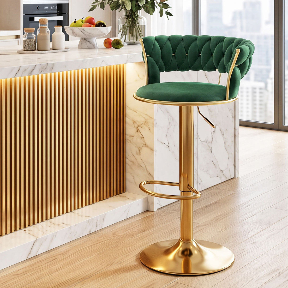 Vivien Velvet Clam Shell Bar Stool with Gas Lift and Woven Backrest - Green