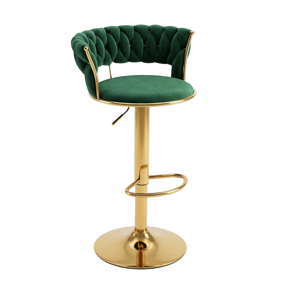 Vivien Velvet Clam Shell Bar Stool with Gas Lift and Woven Backrest - Green