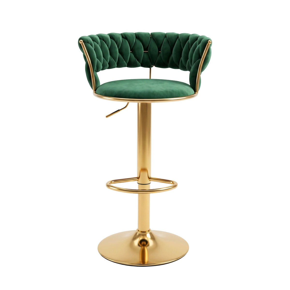 Vivien Velvet Clam Shell Bar Stool with Gas Lift and Woven Backrest - Green
