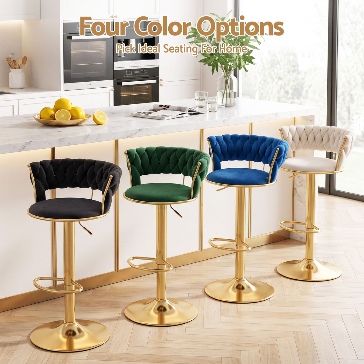 Vivien Velvet Clam Shell Bar Stool with Gas Lift and Woven Backrest - Green