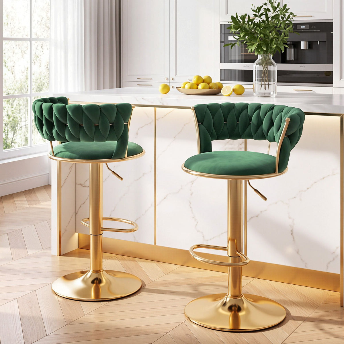 Set of 2 Vivien Velvet Clam Shell Bar Stools Gas Lift Adjustable - Green