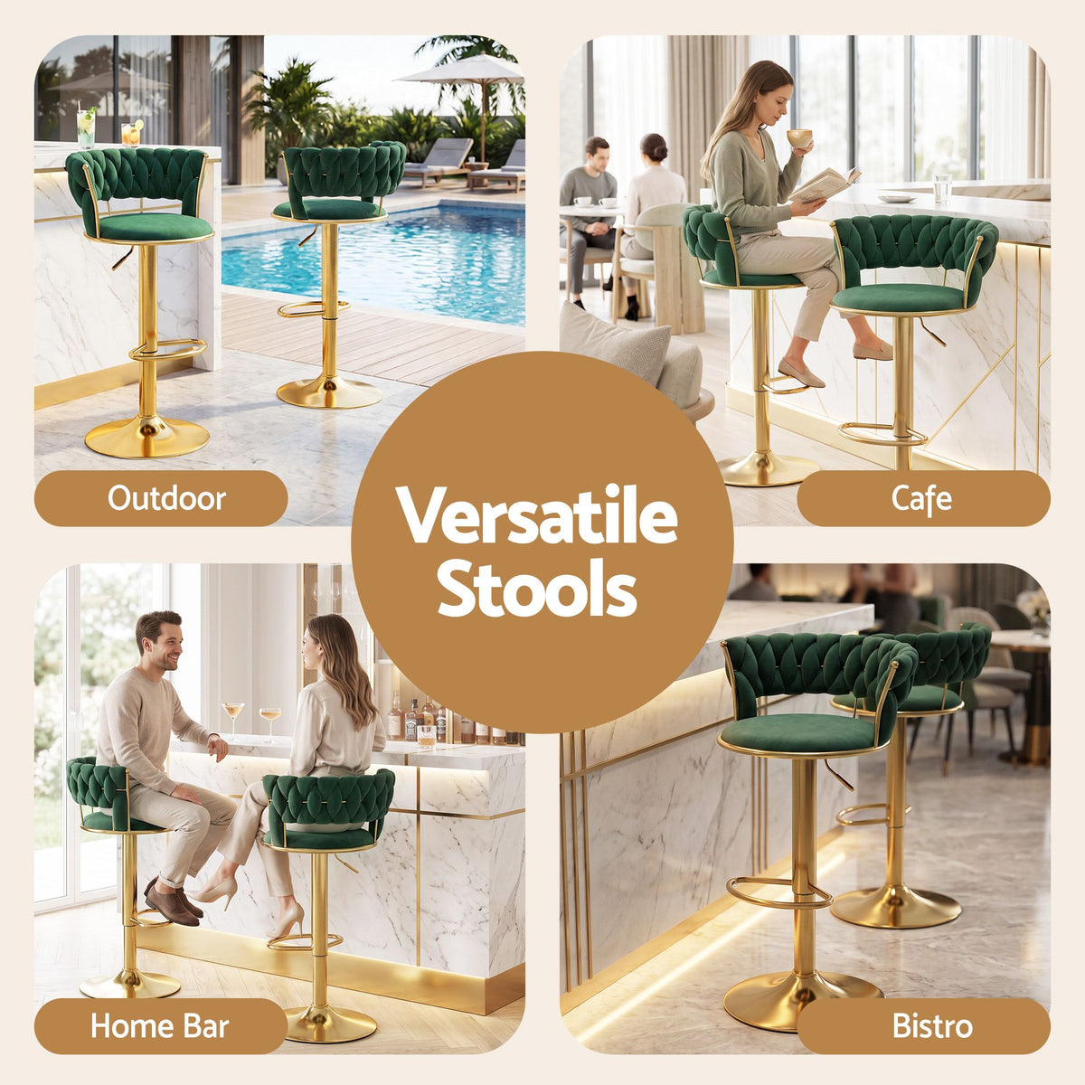 Set of 2 Vivien Velvet Clam Shell Bar Stools Gas Lift Adjustable - Green